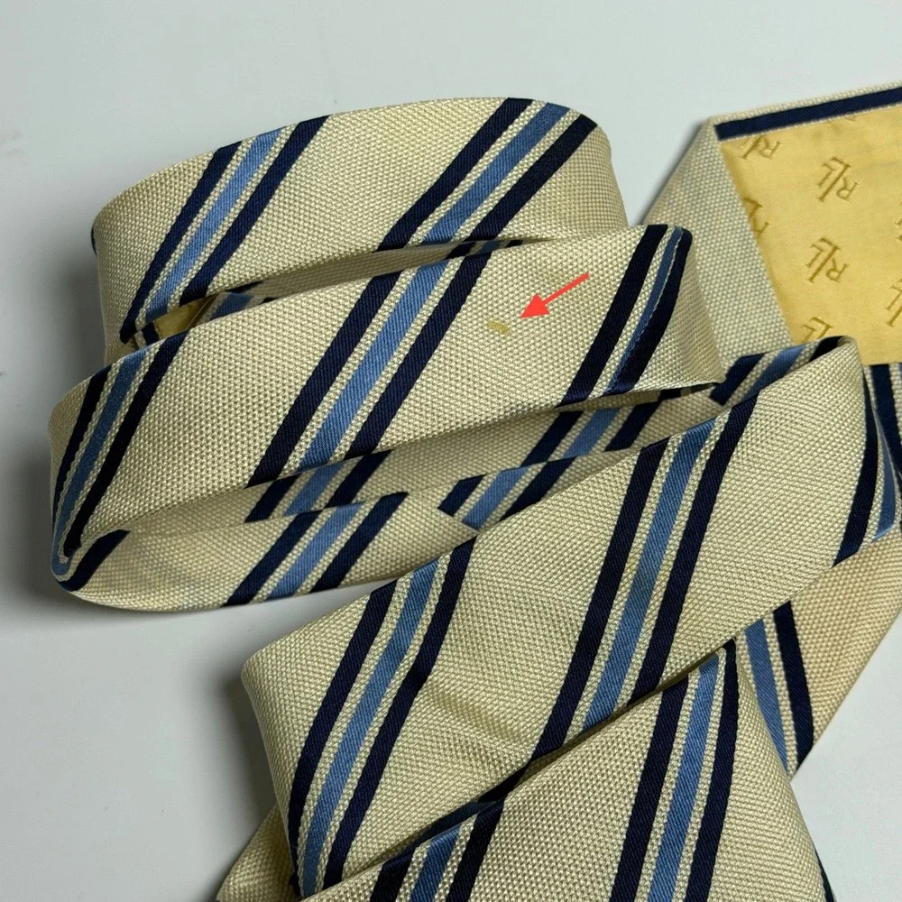 Lauren Ralph Lauren Mens Silk Tie Cream Navy‎ Blue Diagonal Stripe Made in USA